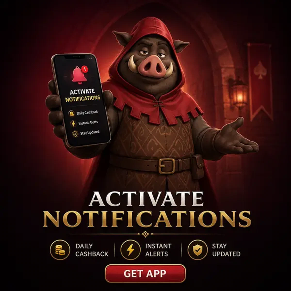 Gardien sanglier présentant un smartphone avec notifications d'application pour Push Notifications Keep Your Loyalty Rewards Active