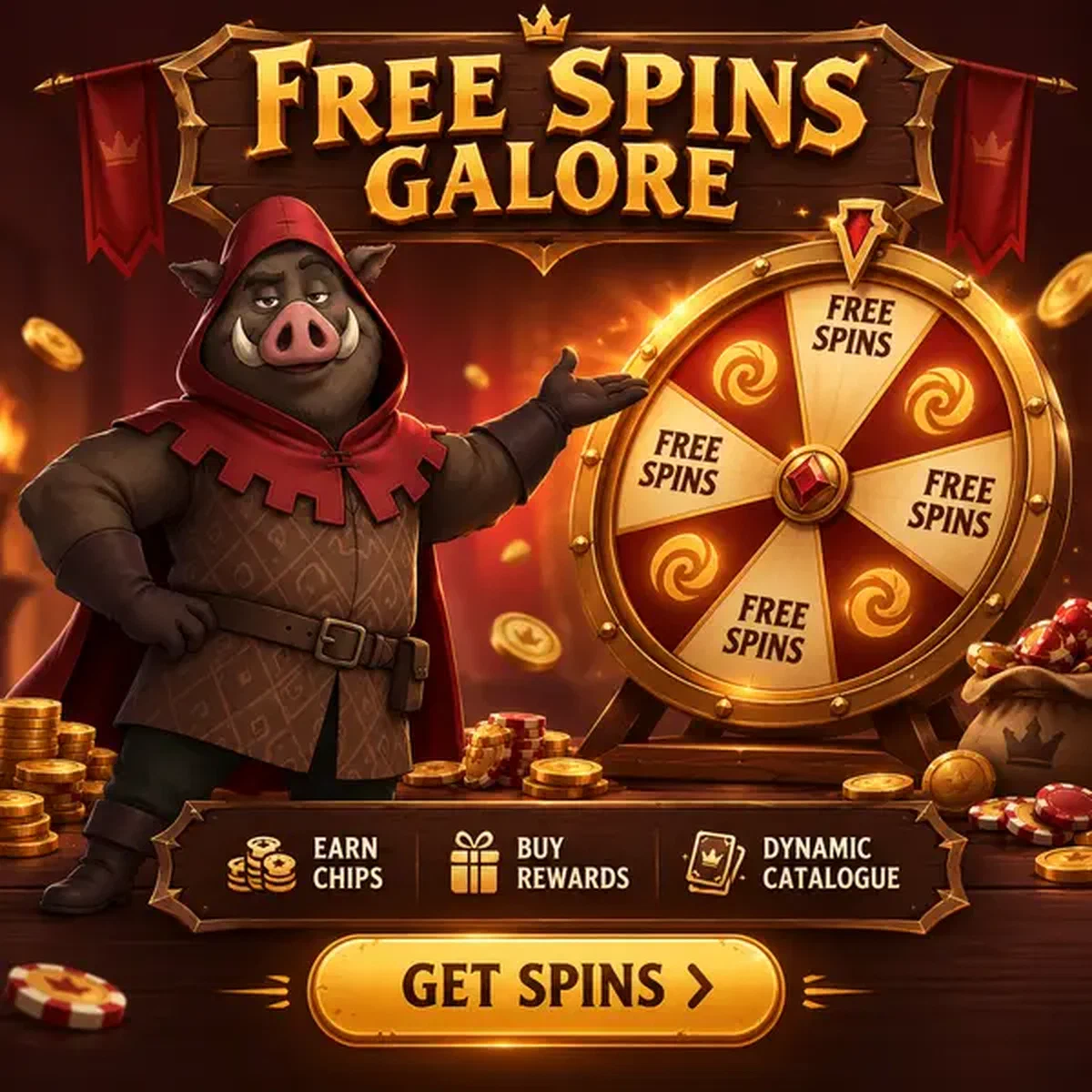 Gardien sanglier présentant roue de prix dorée pour tours gratuits au Casino Kingia Récurrent