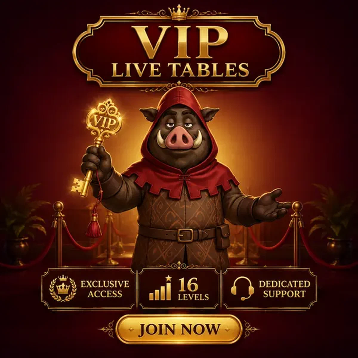 L'hôte VIP noble sanglier présente la clé d'accès dorée aux tables de casino en direct exclusives