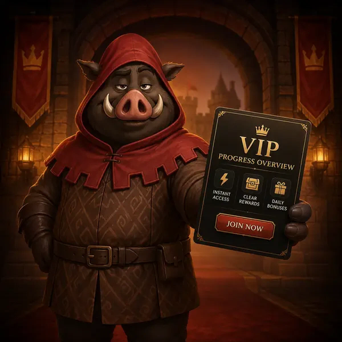 Gardien sanglier présentant la carte de progression VIP au portail de connexion Kingia Casino