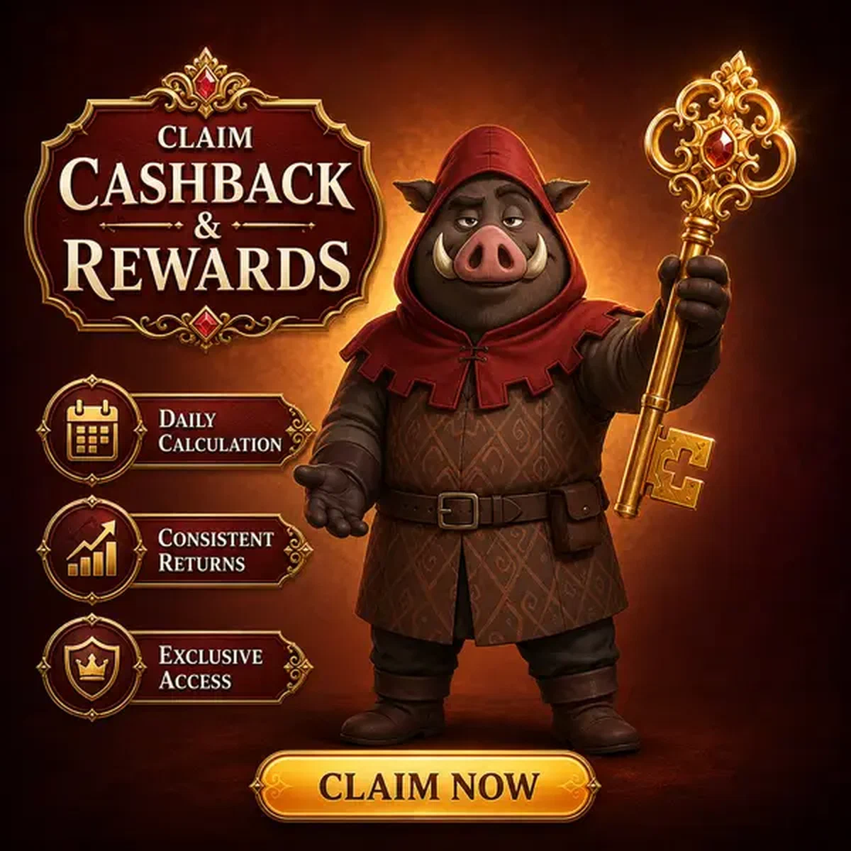 Gardien sanglier présentant une clé dorée pour l'accès Cashback et récompenses prêts à réclamer