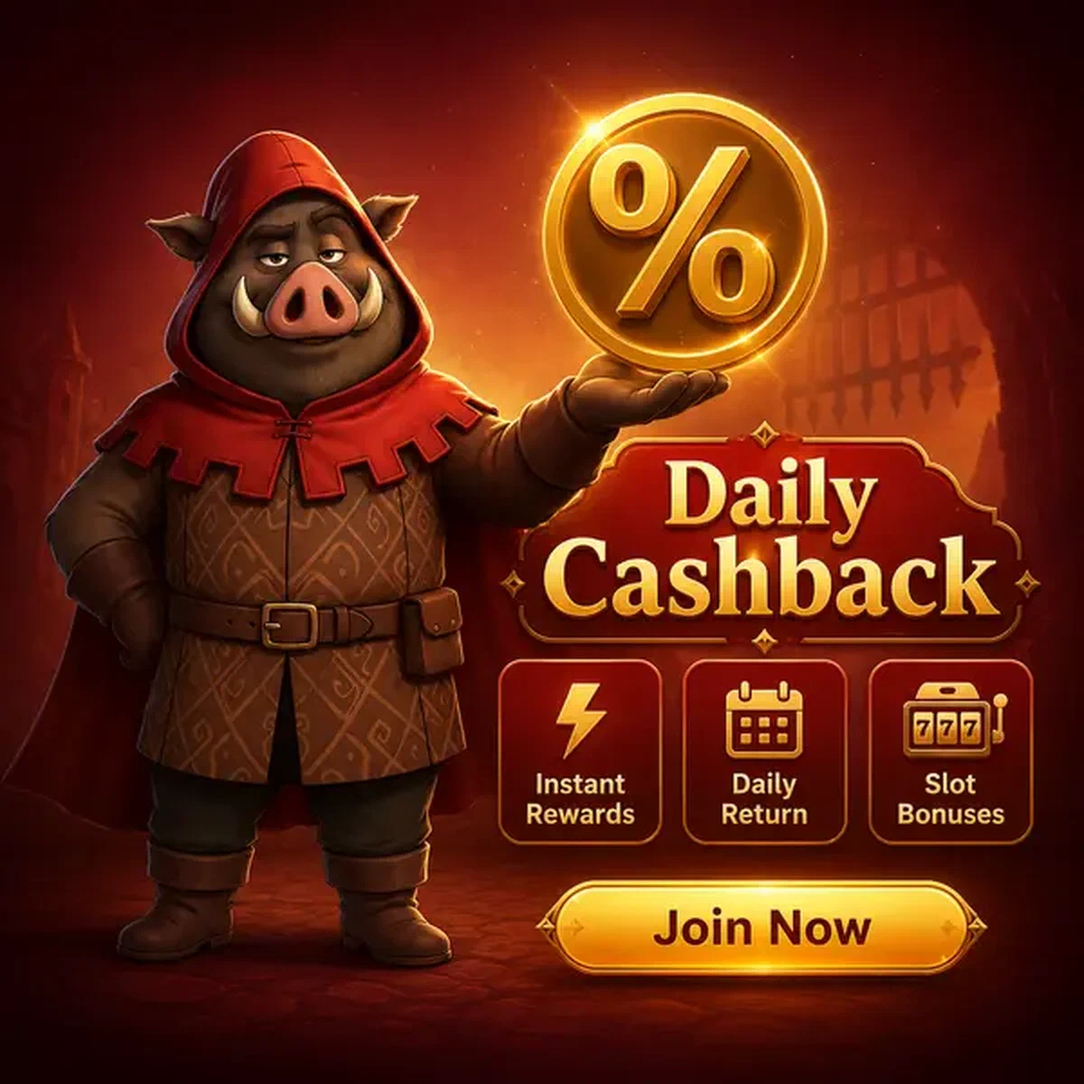 Personnage sanglier présentant l'emblème du cashback quotidien au centre de récompenses des machines à sous Kingia Casino