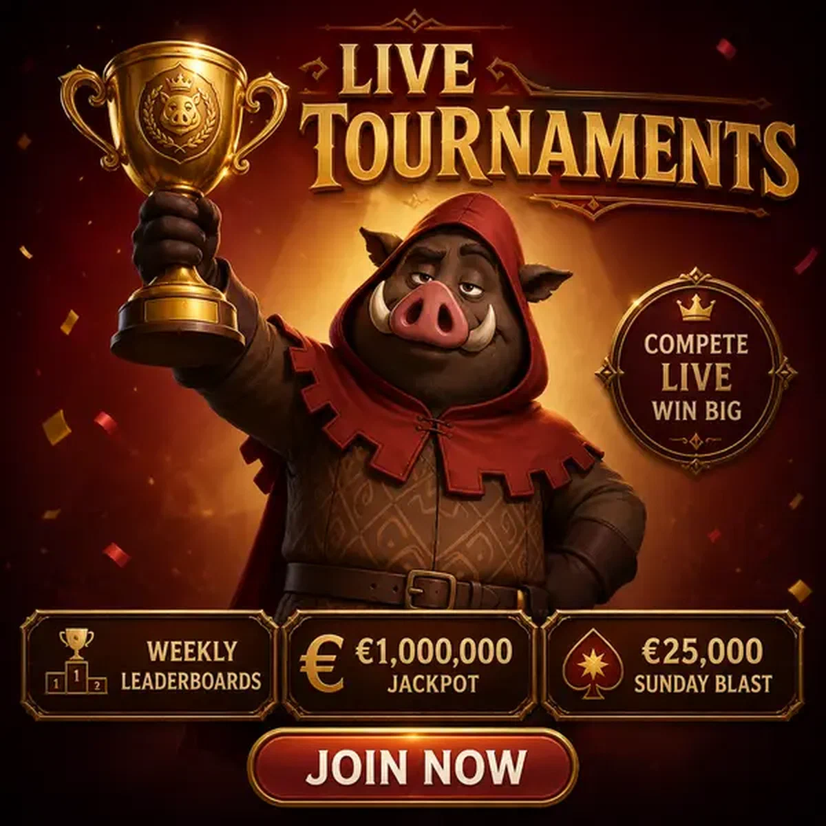 Le Gardien Sanglier célèbre la victoire du tournoi aux tables de casino en direct avec le trophée doré levé haut