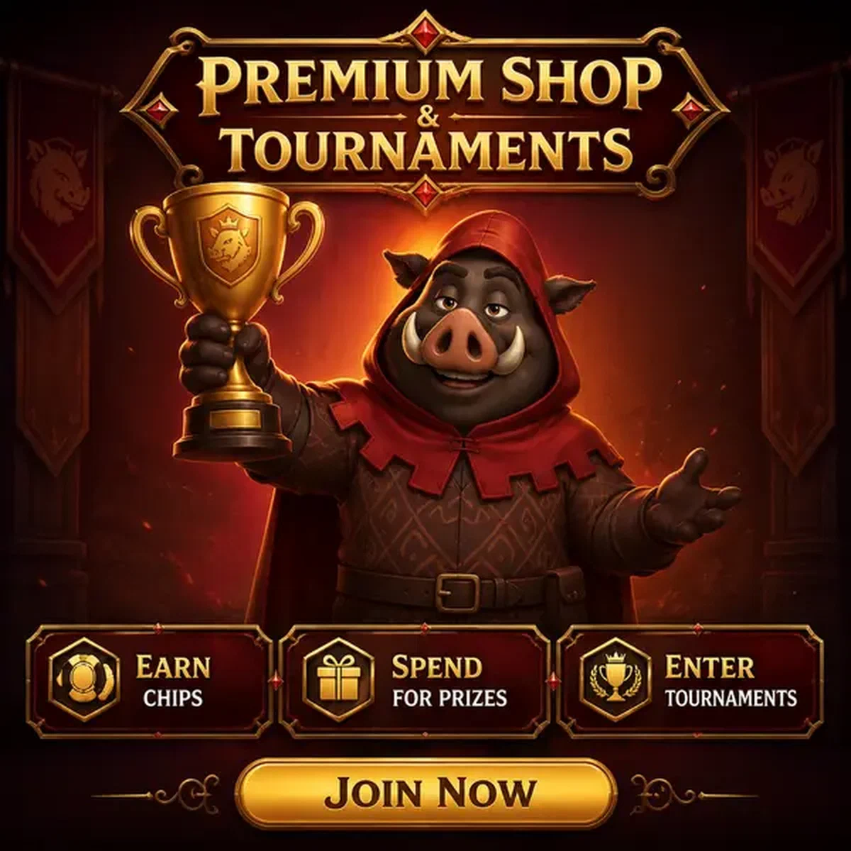 Gardien sanglier présentant un trophée doré au Premium Shop et à l'écosystème de tournois alors que les joueurs s'inscrivent