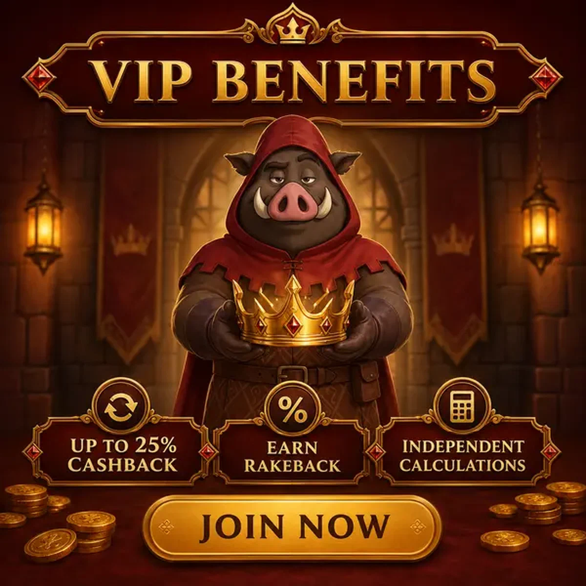 Gardien sanglier médiéval présentant une couronne VIP dorée avec des pièces bonus au Stack Cashback et Rakeback VIP