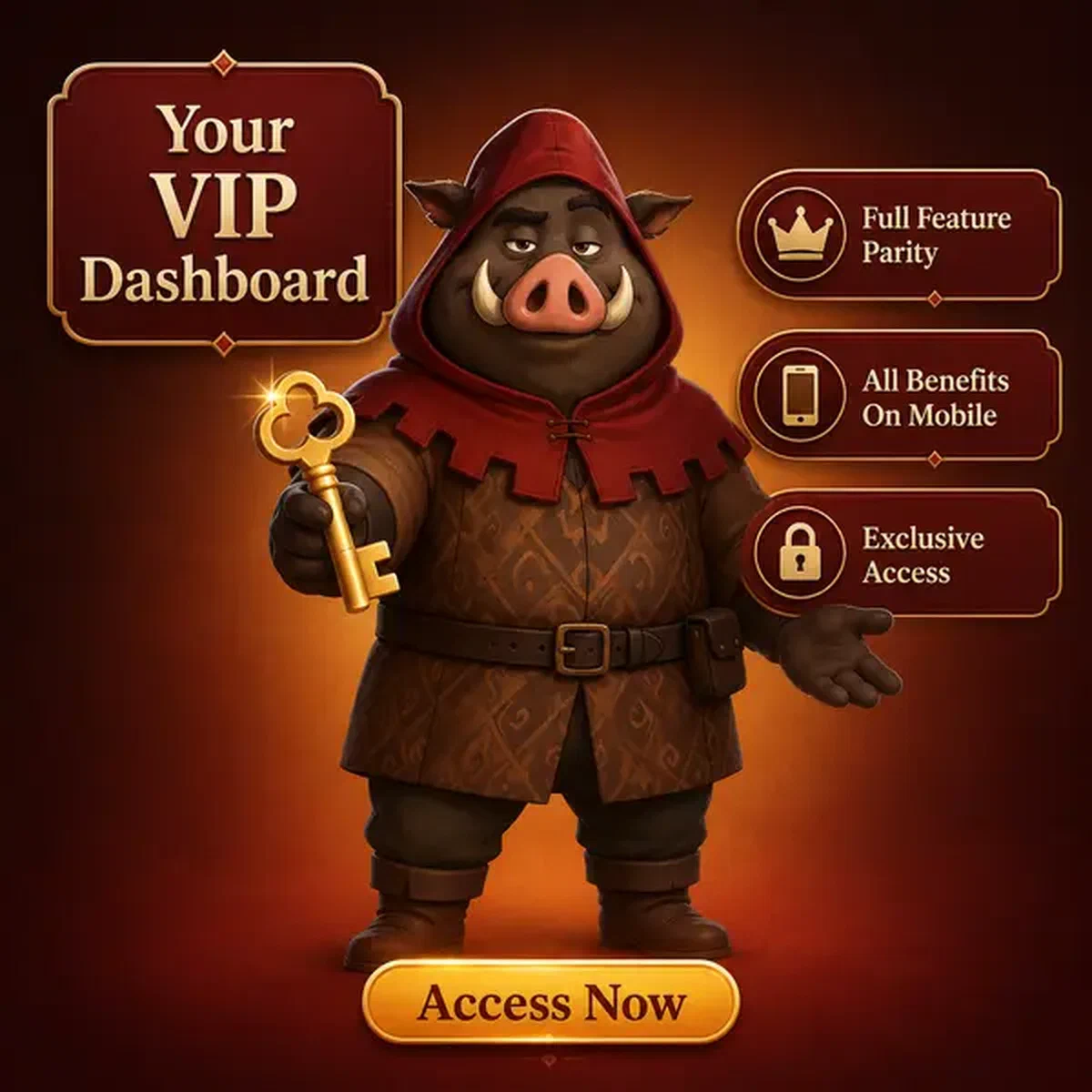 Guide sanglier présentant une clé dorée pour l'accès à l'application mobile Your VIP Dashboard