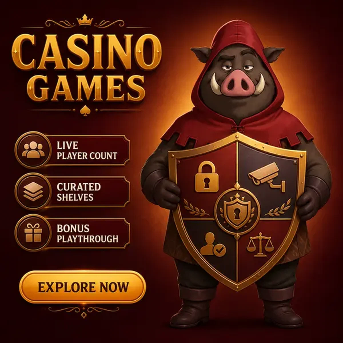Gardien sanglier présentant un bouclier de sécurité au lobby principal de Kingia Casino Games